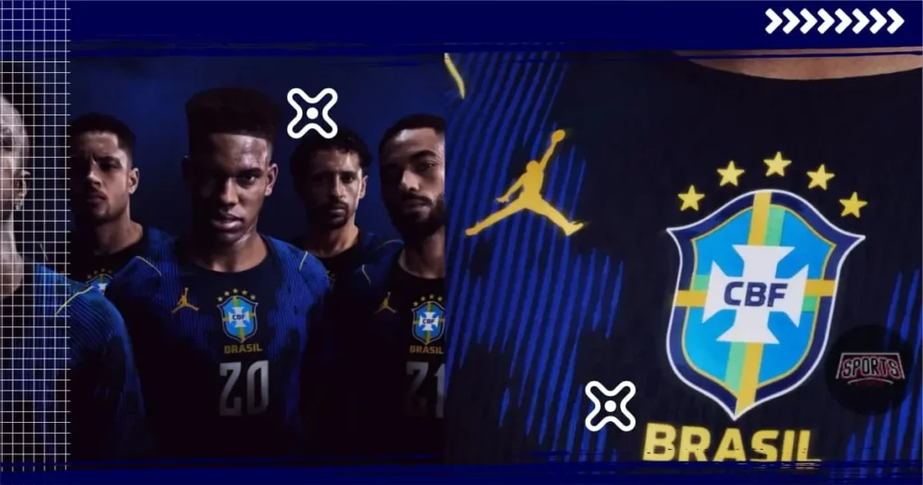 Novo Uniforme Brasil 2026 e Tipografia Banner da Seleção Brasileira 2026 apresentando jogadores com o novo uniforme, logotipo da Jordan e o novo design de números e nomes.