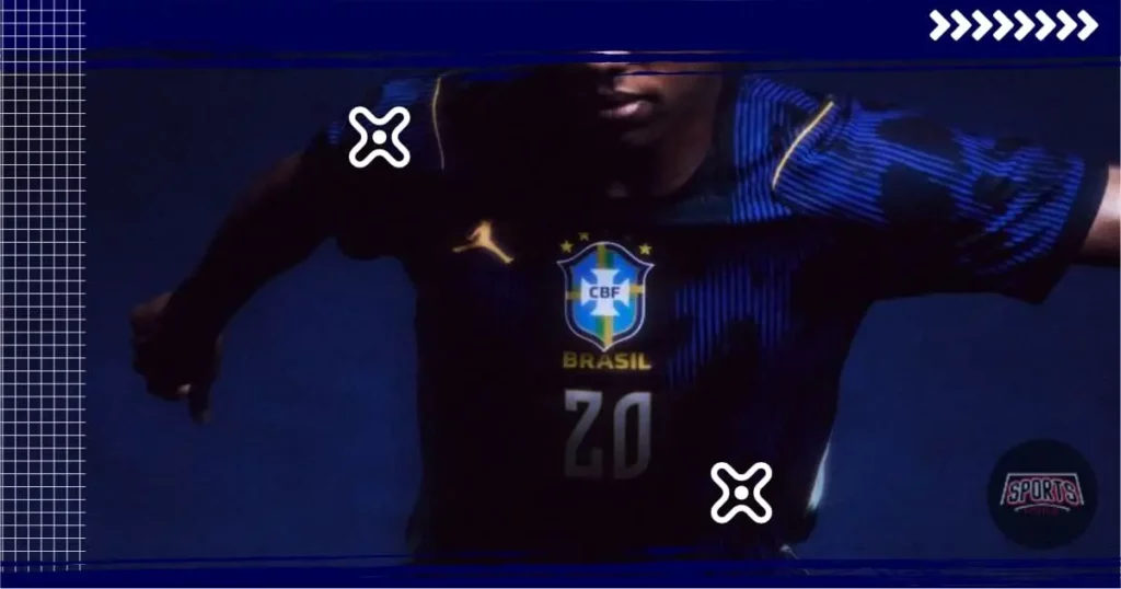 Close-up do número 20 estampado na camisa preta e azul da Seleção Brasileira, destacando a tipografia moderna e o escudo da CBF.