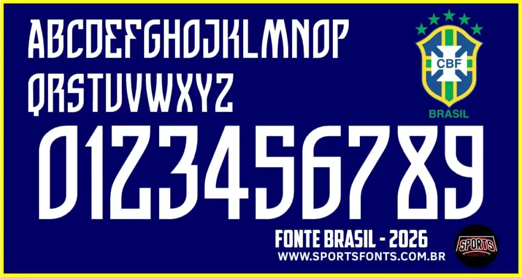 Exibição completa do alfabeto e números da fonte oficial da Seleção Brasileira para 2026, com letras estilizadas e números modernos em fundo azul marinho.