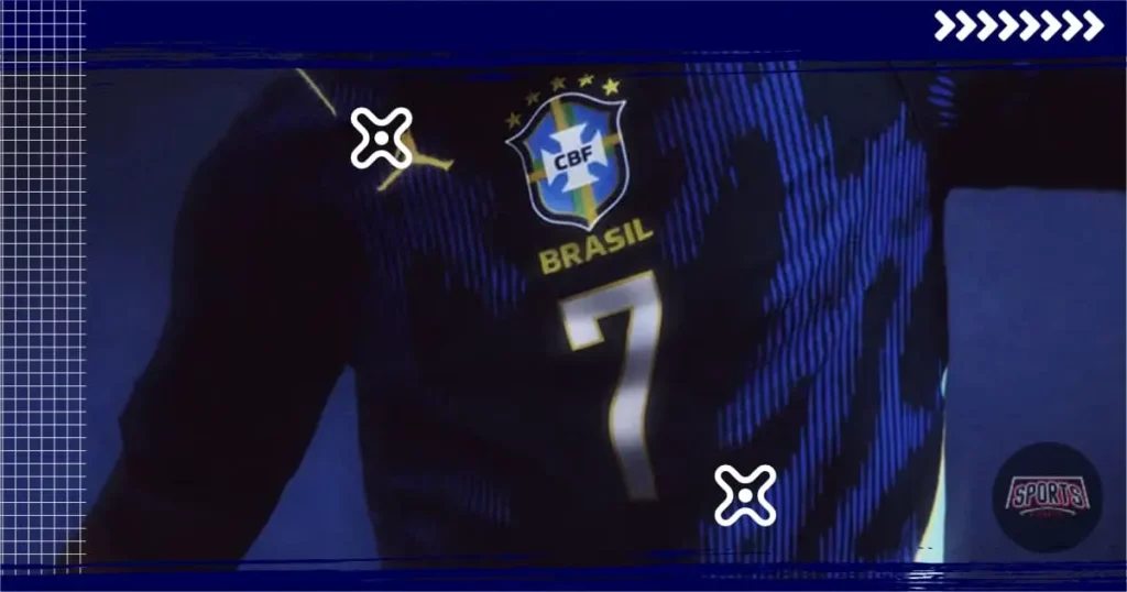 Design do Número 7 - Seleção Brasileira Detalhe do número 7 na camisa do Brasil, mostrando o design curvo e o acabamento metálico da fonte esportiva.