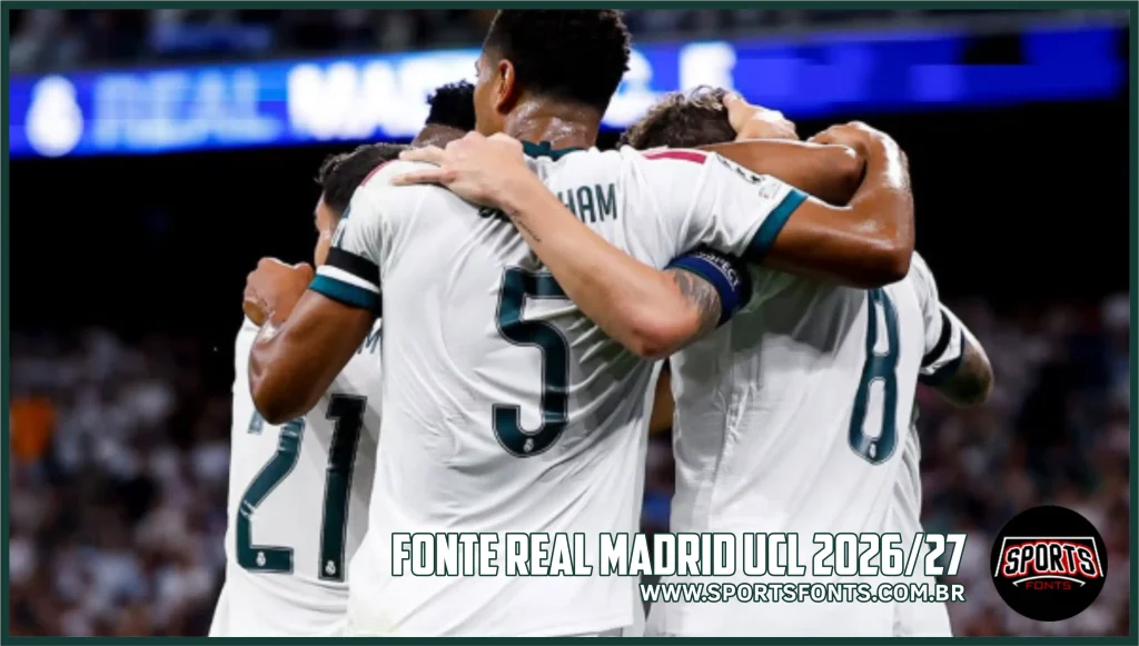 Joadores do Real Madrid comemorando vestindo a camiseta nova exibindo a fonte nova